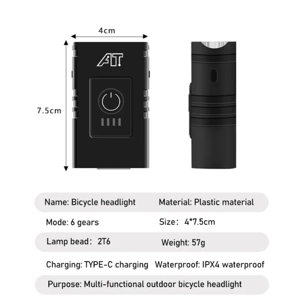 LED Bicycle Front Light, Type-C Rechargeable 5